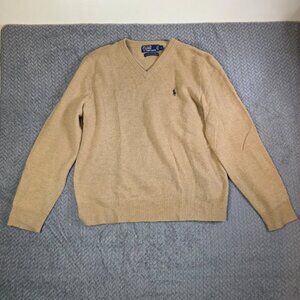 Polo Ralph Lauren 100% Lambswool V-Neck Sweater Men’s Size L Beige Camel Knit Pu